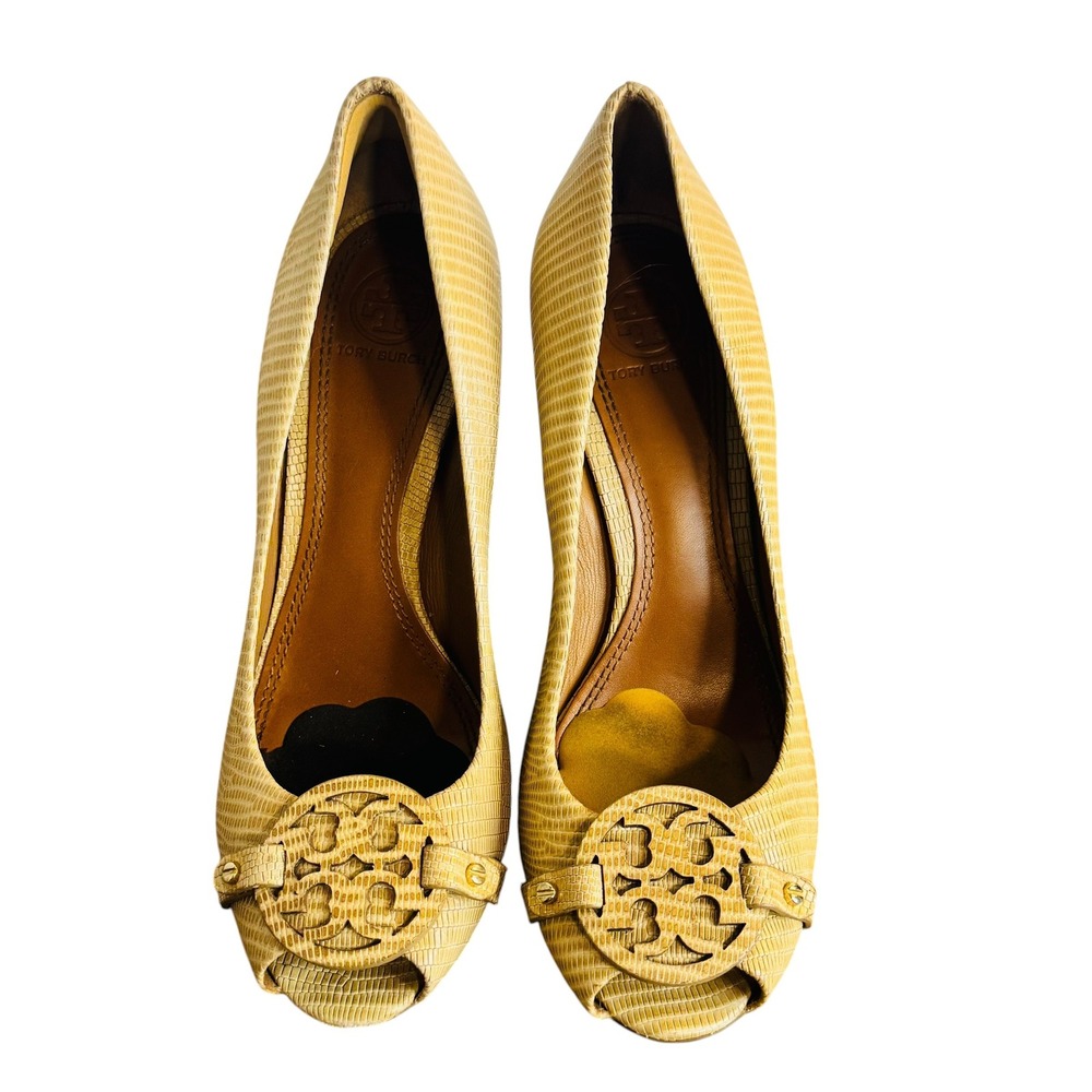Tory Burch Beige Tan Lizard Embossed Leather Peep Toe Wedge Pumps Logo 8.5M - Picture 2 of 8